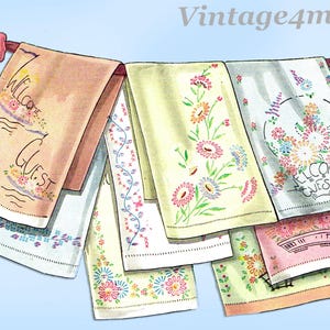 May include: A collection of vintage-style guest towels, each with unique floral embroidery and designs. Some towels feature the words "Welcome Guest." The color palette includes pink, yellow, and blue, with decorative pink bows at the top.