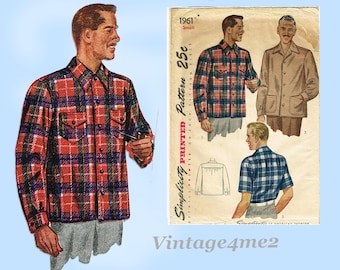 1940s Vintage Simplicity Sewing Pattern 1961 Men's Sports Shirt Size 34 36 Chest
