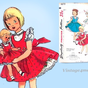 1950s Vintage Toddler Girls Dress & Doll Clothes 1954 Simplicity Sewing Pattern Size 1