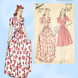 Peut inclure: Une robe vintage avec un motif floral rouge sur fond blanc. La robe a des manches courtes, un col chemise et une taille nouée. L'image comprend également un patron de couture vintage avec le texte "Advance Pattern" et "Size 12".