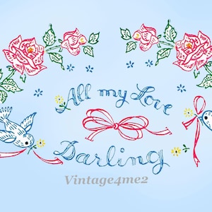 1960s Vintage Vogart Embroidery Transfer 713 Love Bird PIllowcase Motifs