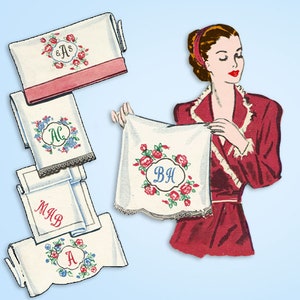 May include: Illustration of several white embroidered handkerchiefs with floral designs and initials. One is held by a person in a red robe. The handkerchiefs feature red, blue, and pink flowers and decorative borders.