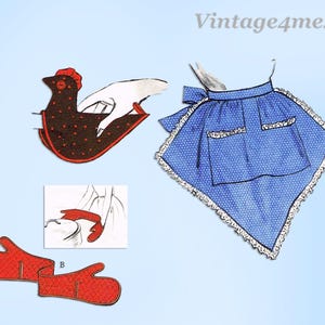 May include: Vintage illustration of kitchen accessories, including a chicken-shaped pot holder, a blue polka-dot apron with lace trim, and red oven mitts. The image has a light blue background and the text "Vintage4me2".