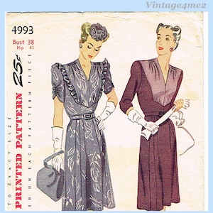 Patrón de costura Simplicity 4993, años 40, para vestido de calle de la Segunda Guerra Mundial, talla 38 de busto.