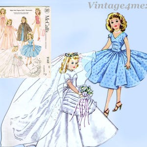 May include: Vintage McCall's sewing pattern for high heel figure dolls' wardrobe. The pattern features illustrations of dolls in various outfits, including a wedding dress, a blue dress, and other garments. The pattern cover is light blue.