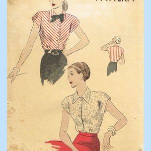 May include: Vintage Vogue sewing pattern for a blouse, pattern number 6051-35c, size 12, 30 bust, 33 hip. The pattern shows a woman wearing a red and white striped blouse with a bow tie and a black skirt, and another woman wearing a white blouse with a floral pattern and a red skirt.