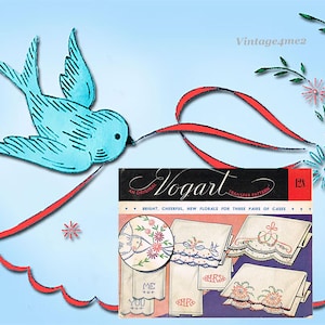 May include: Vintage transfer pattern for embroidery featuring three floral designs for pillowcases. The pattern is titled "Vogart" and includes the text "Bright, Cheerful, New Florals for Three Pairs of Cases".