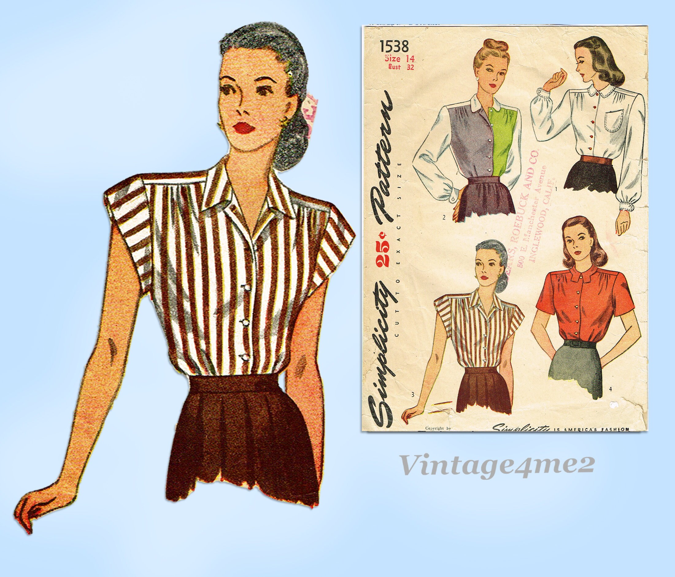 1940年代第二次世界大戦時のブラウスの縫製パターン - Simplicity 1538