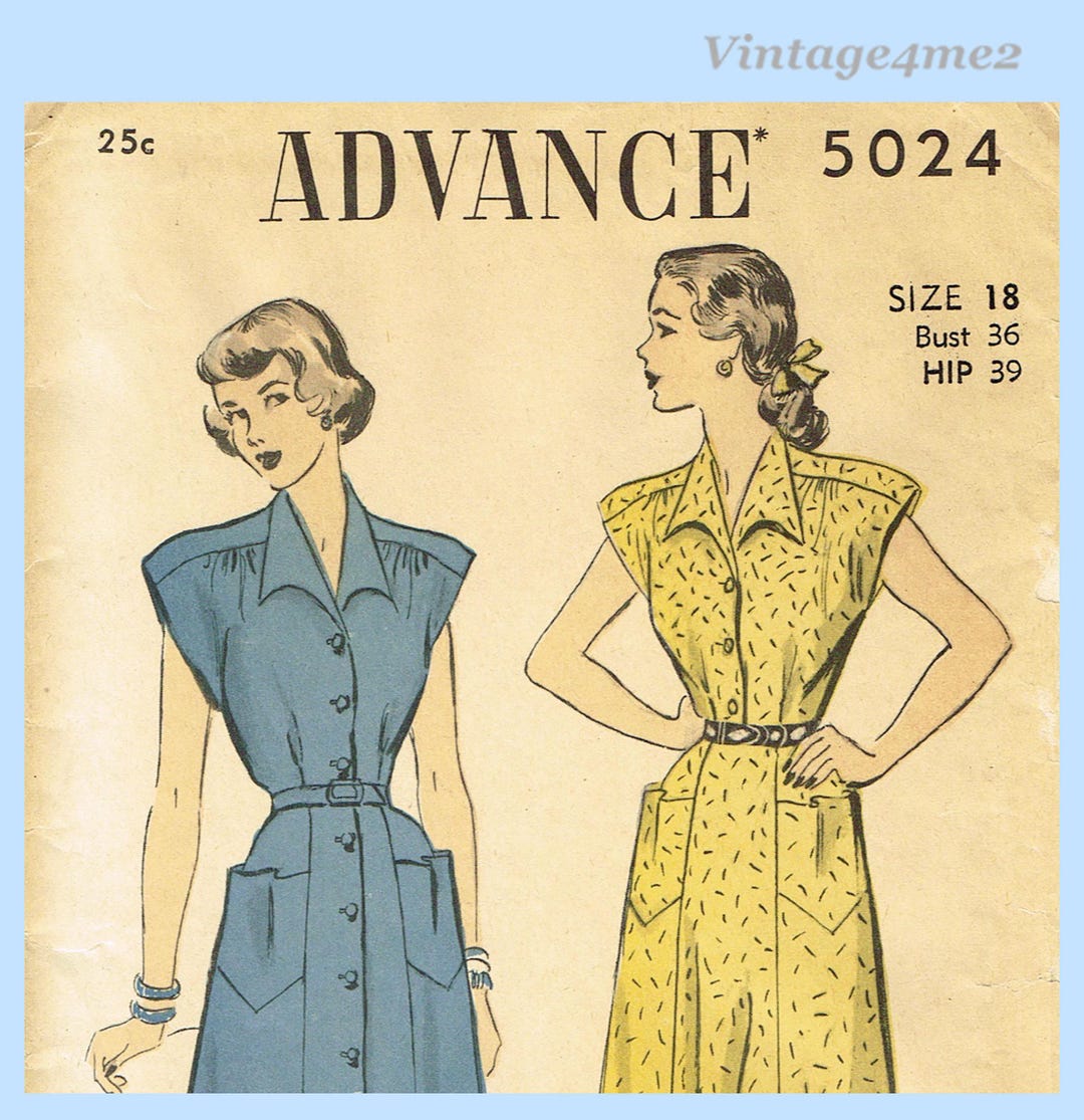 1940s Vintage Advance Sewing Pattern 5024 Uncut Misses Street Dress Sz ...