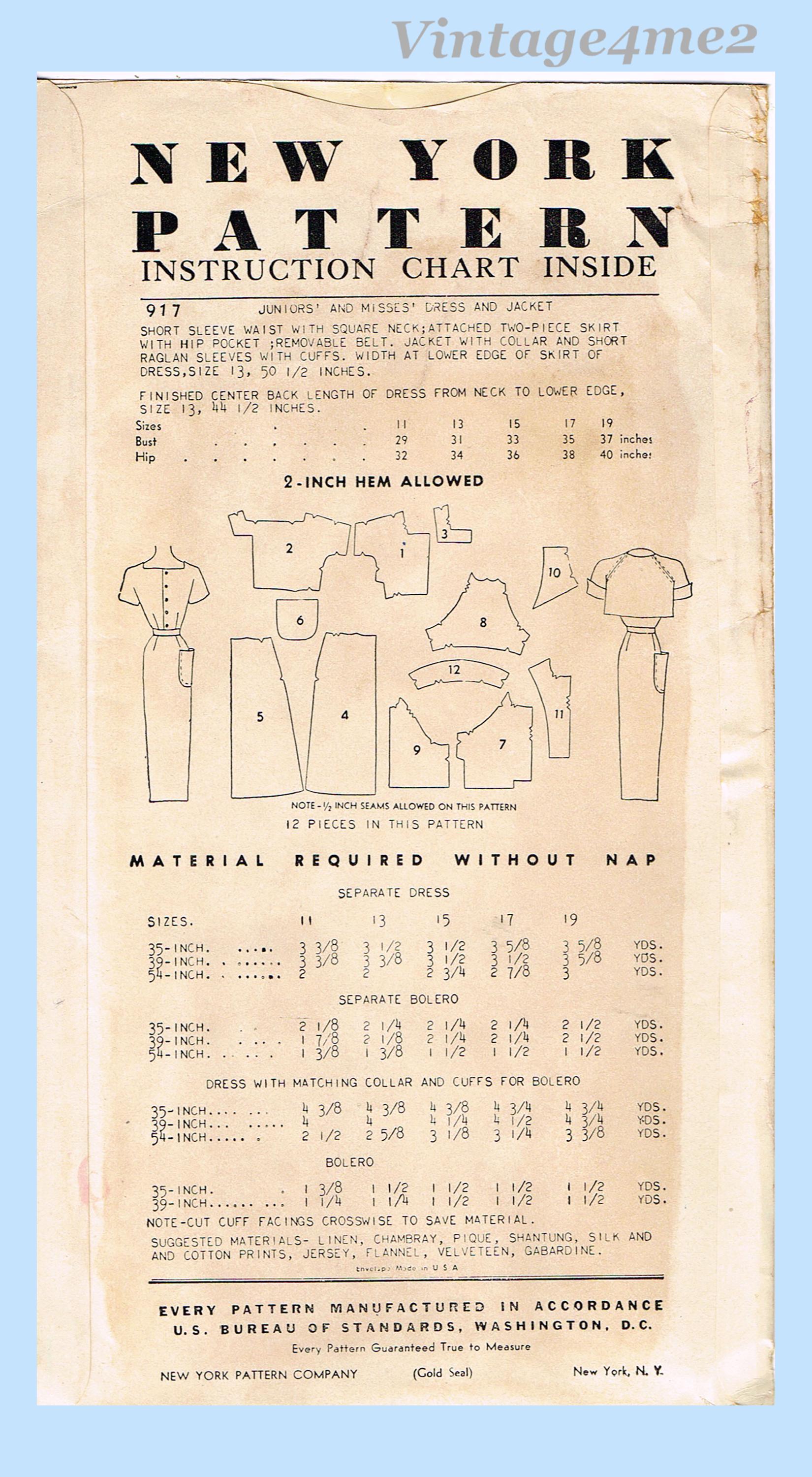 New York 917 1950s Uncut Misses Dress Topper Sz 35 B Vintage Sewing