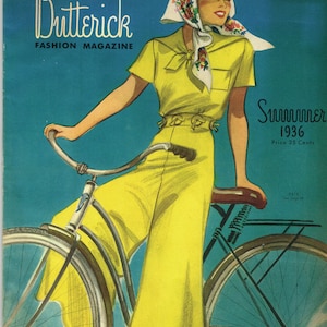 Op de afbeelding: Een vrouw in een gele jurk en een bloemenhoofddoek zit op een fiets. De fiets heeft een zwart frame en witte banden. De tijdschriftcover luidt "Butterick Fashion Magazine Summer 1936 Price 25 Cents".