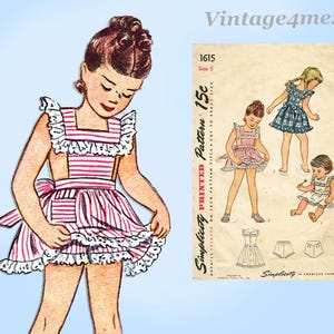 May include: Vintage Simplicity pattern 1615 for a size 5 girl's apron and dress. The illustration shows a girl wearing a red and white striped apron with white lace trim. The pattern includes multiple views of the apron and dress.