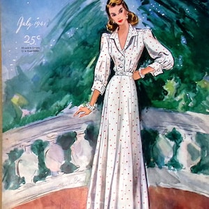 May include: A vintage McCall's Advance Styles magazine cover from July 1941, featuring a woman in a white polka dot dress with red dots, standing in a garden setting. The cover text reads "McCall's Advance Styles" and "July 1941" with a price of "25c".
