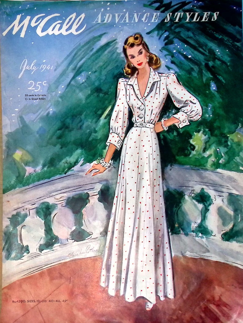 May include: A vintage McCall's Advance Styles magazine cover from July 1941, featuring a woman in a white polka dot dress with red dots, standing in a garden setting. The cover text reads "McCall's Advance Styles" and "July 1941" with a price of "25c".