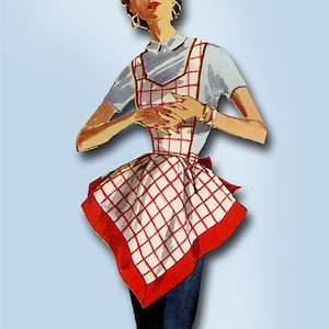 May include: Vintage illustration of a woman wearing a white shirt and a red and white checkered apron. The apron has a red border and a bow at the waist. The image has the text "Vintage4me2" in the upper right corner.
