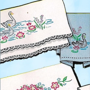 1950s Vintage Vogart Embroidery Transfer 641 Uncut Floral & Swan Pillowcases