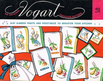 1950s Vogart 211 X-Stitch Garden Fruit Veg Tea Towel Uncut Embroidery Transfer