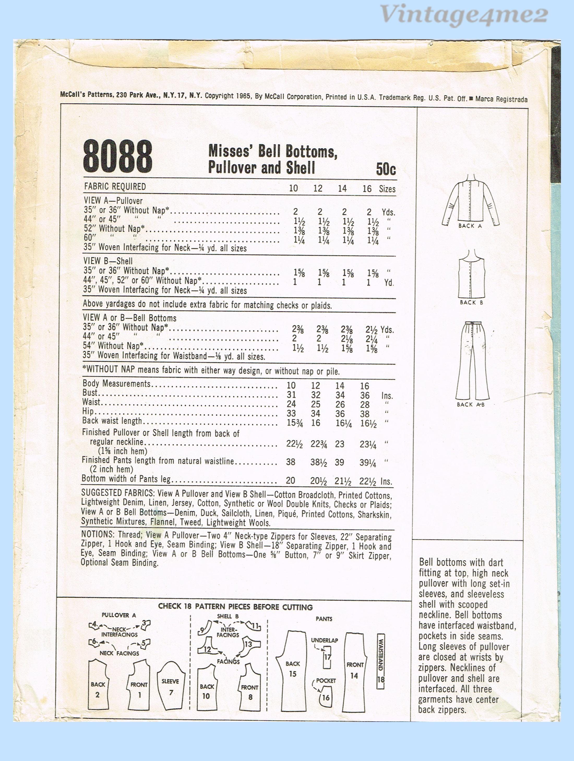 McCalls 8088: 1960年代風ミセス風ベルボトムパンツ＆トップス サイズ
