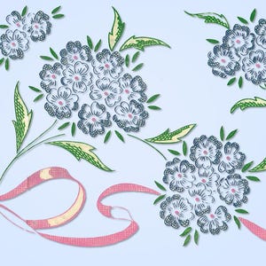 May include: A floral illustration with clusters of white flowers, dark blue outlines, and pink centres, alongside green leaves with yellow accents. A pink ribbon with a yellow centre adds a decorative touch. The design is set against a light blue background.