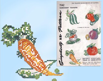 1940s VTG Simplicity Embroidery Transfer 7142 Uncut X-Stitch Veggie Tea Towels