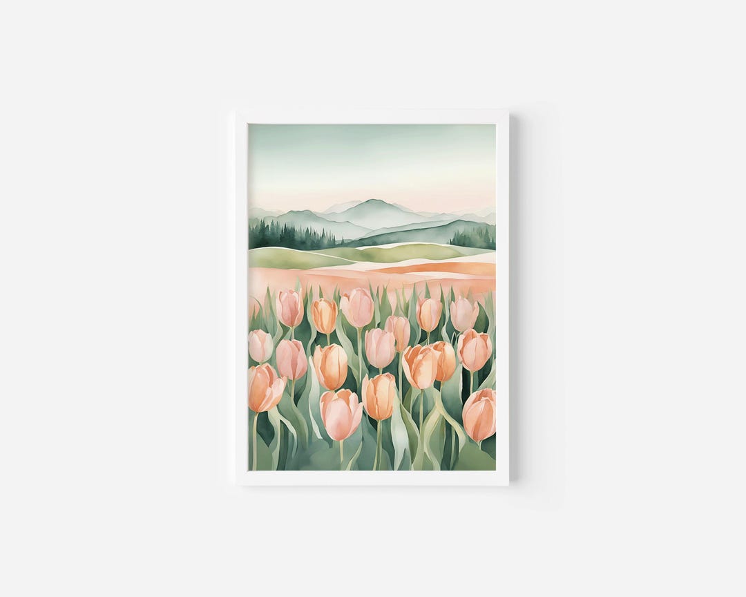 Tulip Field Nature Wall Art, Watercolor Spring Flower Poster Print ...