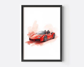 Car Nursery Wall Art | Red Race Car Art Print | Sports Car for Boys Nursery, Bedroom or Playroom | Framed or Stretched Canvas Print