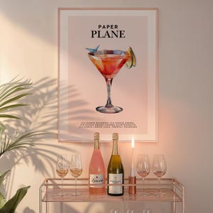 Stampa artistica di aeroplano di carta, poster per cocktail con decorazione per carrello bar, cartello per drink esclusivo per feste, parete alla moda, minimalista, elegante, sofisticato, retrò, DIGITALE