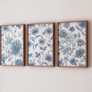 Arte murale botanica blu, arte murale cineseria, decorazione murale minimalista in 3 pezzi, set di stampe botaniche, arte murale stampabile, arte digitale