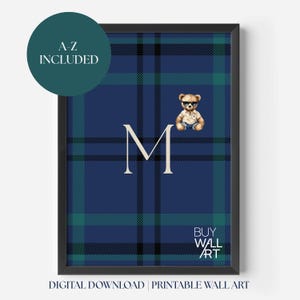 Personalized Teddy Bear Nursery Art for Boys, A-Z Monogram Wall Print, Digital Art Download, Preppy Vintage Baby Room Printable Wall Art
