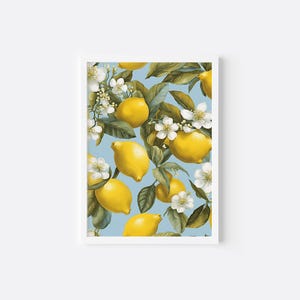 Zitrone druckbare Wandkunst - Zitrusfrucht botanische digitaler Download mit blauem Hintergrund, mediterrane Küchendekoration, Sommerfruchtdruck