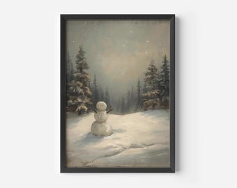 Vintage Snowman Winter Wall Art | Cozy Snowy Landscape Print | Rustic Neutral Christmas Wall Decor | Framed or Stretched Canvas Print