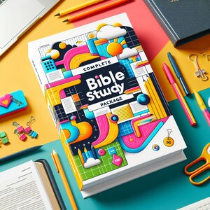 May include: A colorful book cover with the text "Complete Bible Study Package" and a design of geometric shapes, lines, and a sun. The book cover is white with a black background.
