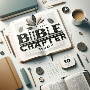 Puede incluir: Un primer plano de una Biblia abierta con las palabras "BOPP BIBLE CHAPTER STUDY" escritas en letras blancas y negras en las páginas. La Biblia está rodeada de varios objetos, incluyendo una taza de café, un bolígrafo y un pequeño pájaro de madera.