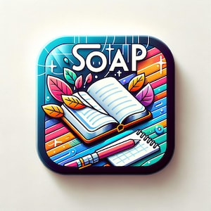 Op de afbeelding: Een kleurrijke illustratie met het woord "SOAP" in het wit, een open boek, bladeren, een notitieblok en een potlood. De achtergrond heeft een regenboog gestreept ontwerp. De afbeelding is opgenomen in een afgeronde vierkant.