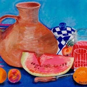 May include: A still life painting featuring a large terracotta jug, a blue and white checkered sugar bowl, a glass pitcher filled with red juice, a slice of watermelon, two oranges, and a peach. The painting is set against a blue background with a colorful striped tablecloth.
