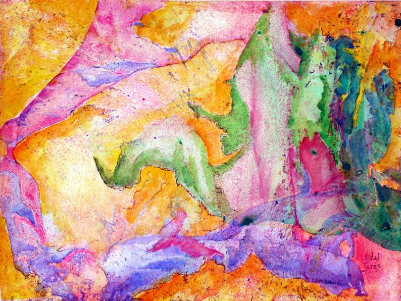 May include: Abstract watercolor painting with vibrant colors, including pink, green, yellow, and purple. The painting has a fluid and organic style, with swirling shapes and textures.