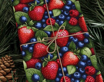 Fruit Wrapping Paper, Fruit Pattern Gift Wrap, Strawberry Raspberry Blueberry Gift Wrapping, Unique Custom Gift Idea, Mixed Berry Wrapping