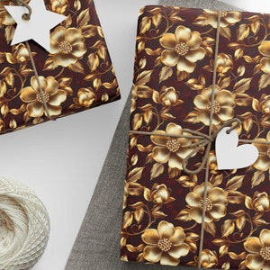 Floral Wrapping Paper, Floral Gift Wrap, Red and Gold Flower Pattern, Unique Wrapping Paper, Custom Gift Wrap, Burgundy Luxury Gift Wrap