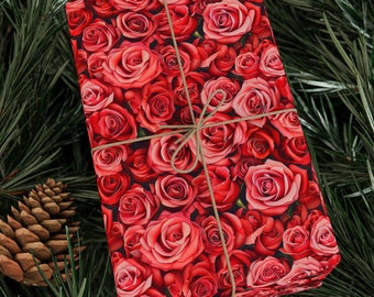 Red Rose Wrapping Paper, Red Rose Pattern Gift Wrap, Rose Paper Gift Wrapping, Unique Custom Gift Wrapping Idea, Birthday Wrapping Paper
