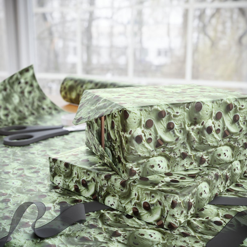 Inpakpapier muntchocoladeroomijs, cadeauverpakking mintchocoladeschilfer, patroon mintroomijs, geschenkverpakking mintroomijs, chocoladeschilfer muntroomijs afbeelding 5
