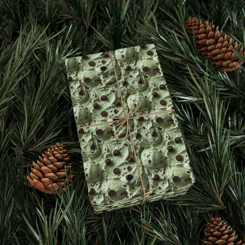 Inpakpapier muntchocoladeroomijs, cadeauverpakking mintchocoladeschilfer, patroon mintroomijs, geschenkverpakking mintroomijs, chocoladeschilfer muntroomijs afbeelding 9