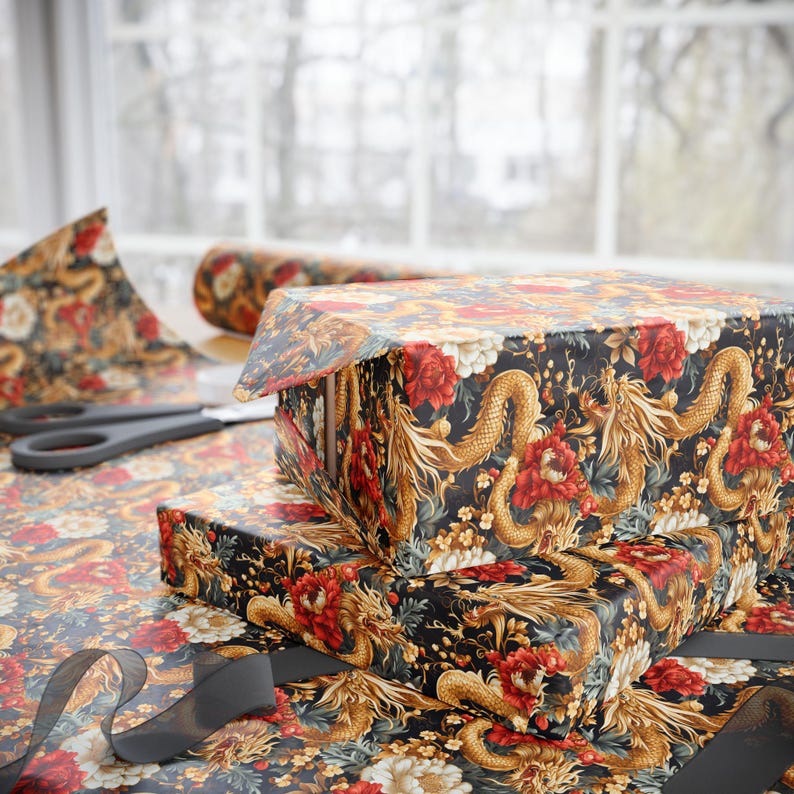 Chinoiserie Wrapping Paper, Chinese Golden Dragon Gift Wrap ...