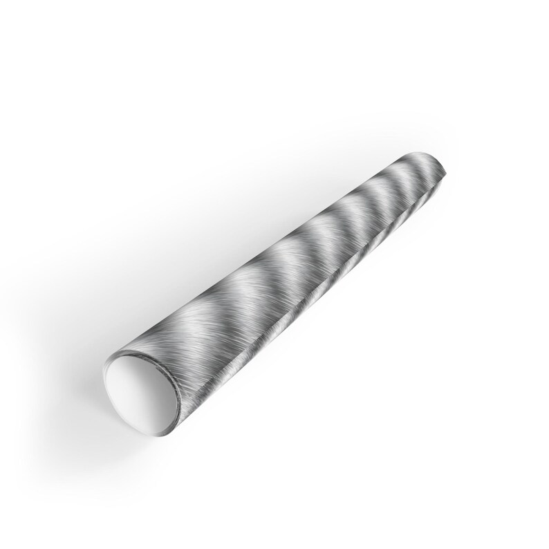 May include: A rolled up silver metal sheet with a brushed finish.