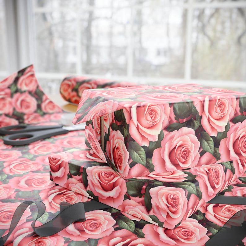 Pink Rose Wrapping Paper, Pink Roses Gift Wrap, Pink Roses Pattern, Unique Wrapping Paper, Custom Floral Gift Wrap, 90gsm Fine Art Paper image 7