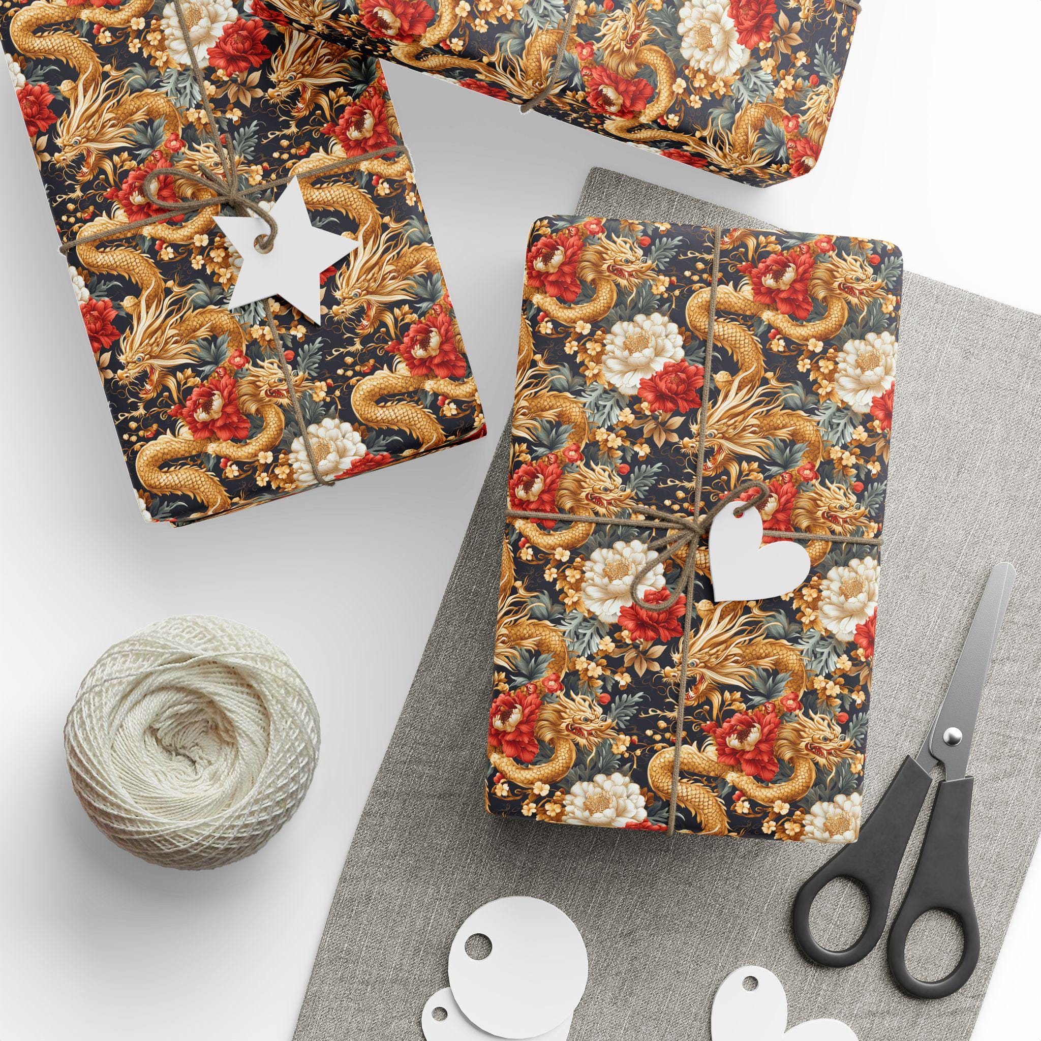 Chinoiserie Wrapping Paper, Chinese Golden Dragon Gift Wrap ...