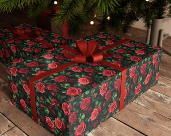 Red Rose Wrapping Paper, Romantic Red Rose Gift Wrap, Red Rose Pattern, Unique Floral Wrapping Paper, Custom Gift Wrap, 90gsm Fine Art Paper