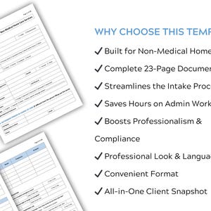 Why Choose This Template: Benefits list including built for non-medical home care, 23-page document, streamlined intake, time-saving, professionalism, and all-in-one client snapshot.