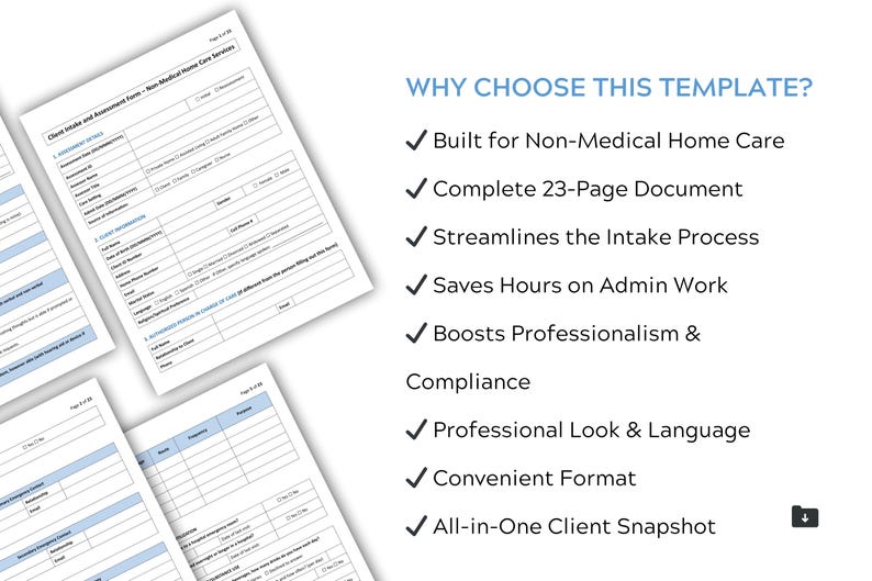 Why Choose This Template: Benefits list including built for non-medical home care, 23-page document, streamlined intake, time-saving, professionalism, and all-in-one client snapshot.
