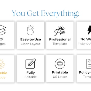 You Get Everything: Features list including 23 pages, easy-to-use layout, professional template, instant download, freebie inside, fully editable, printable US letter, and policy-ready template.