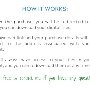 How It Works: Instructions for downloading digital files post-purchase via a link and email, with ongoing access through an Etsy account.